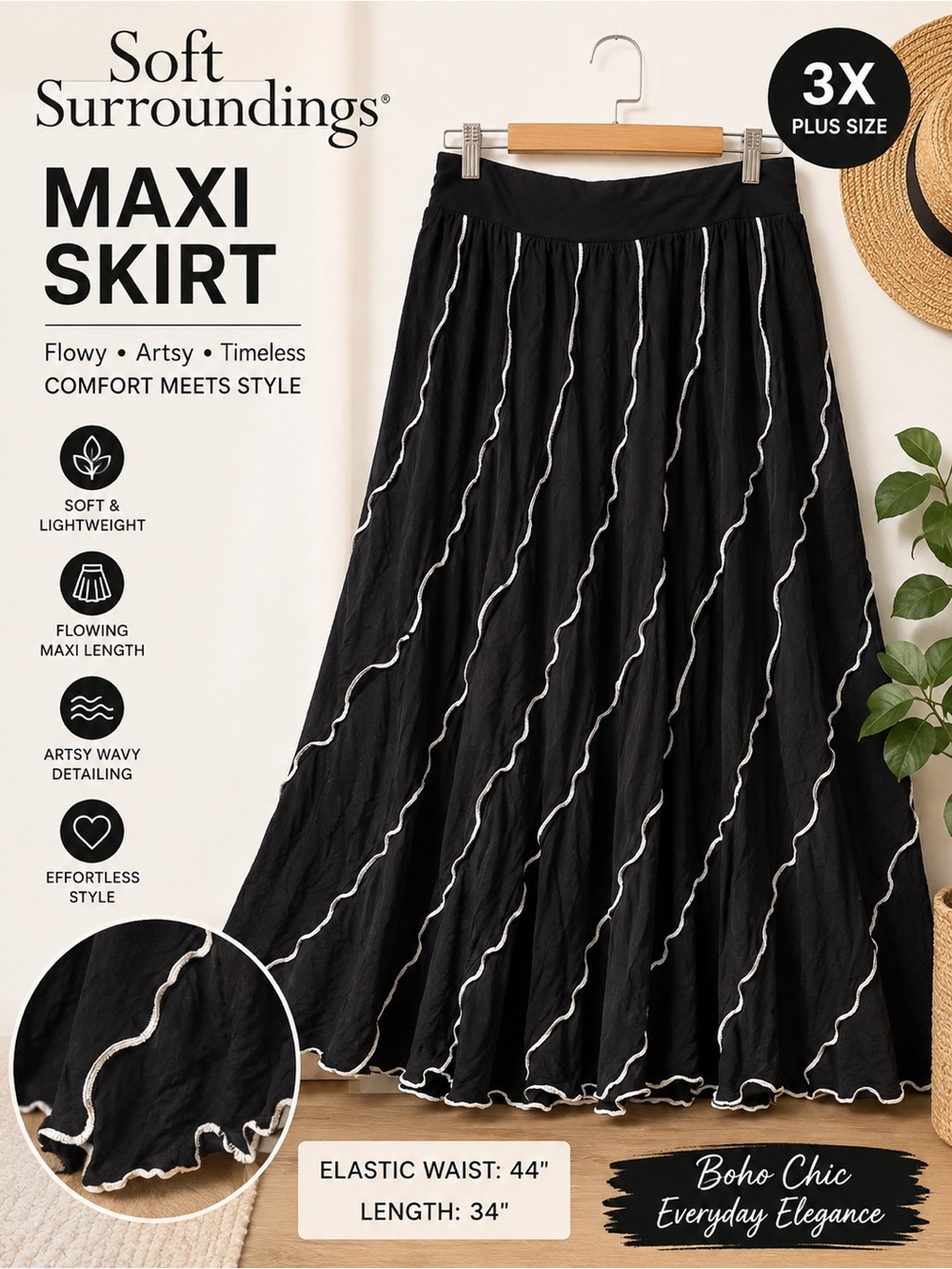 Soft Surroundings 3X Black White Swirl Maxi Skirt Cotton Plus Size Boho